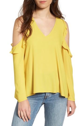 Women's Lush Cold Shoulder Ruffle Top - Yellow