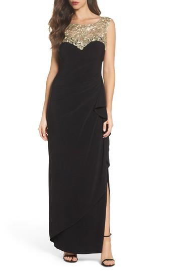 Women's Alex Evenings Embroidered Side Ruched Gown - Black