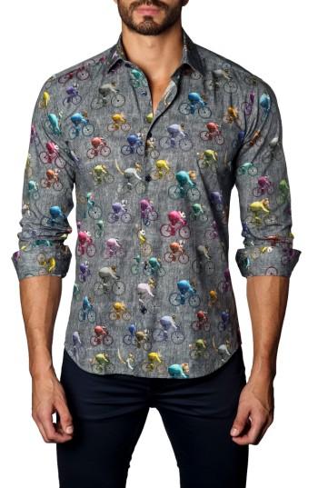 Men's Jared Lang Trim Fit Bicycling Animals Sport Shirt - Grey