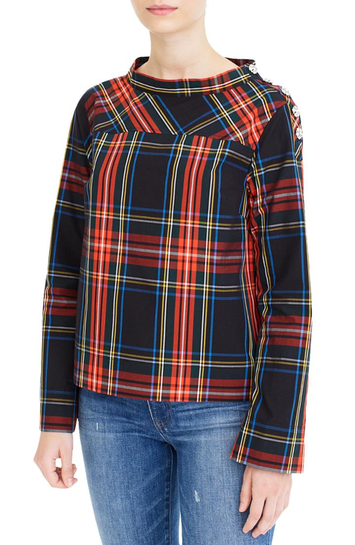 Women's J.crew Jewel Button Funnel Neck Plaid Shirt - Red