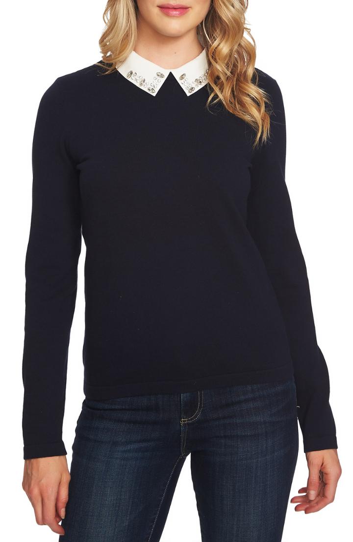 Women's Cece Embellished Collar Cotton Blend Sweater - Blue