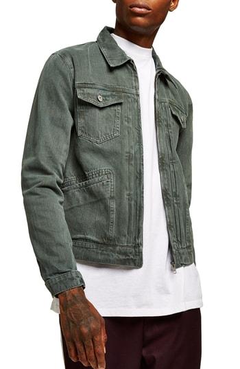 Men's Topman Zip Denim Jacket - Green