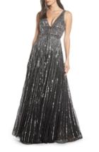 Women's Mac Duggal Deep V-neck Sequin Stripe Gown - Black