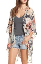 Women's Woven Heart Burnout Velvet Kimono, Size - Ivory