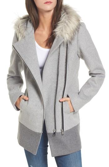 Women's Coffee Shop Double Zip Faux Fur Trim Coat