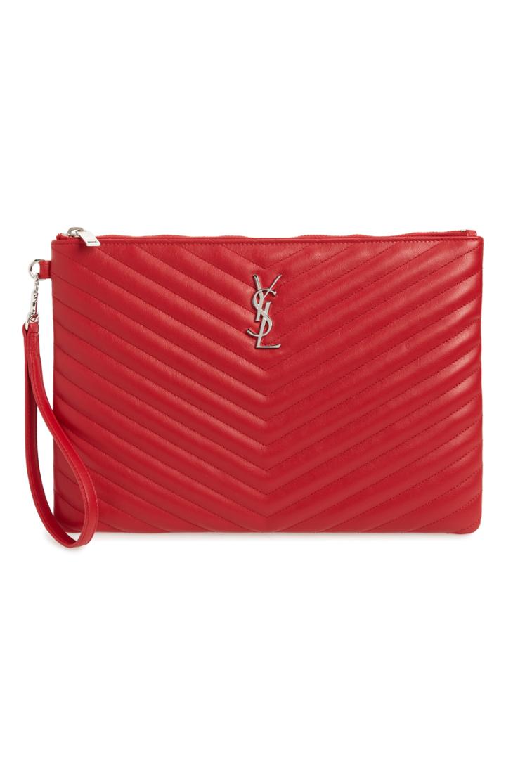 Saint Laurent Monogram Matelasse Leather Pouch - Red