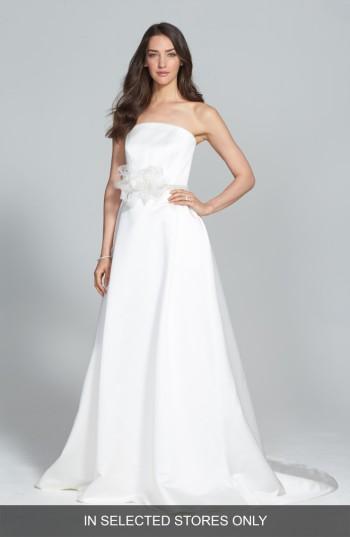 Women's Jesus Peiro Illusion Overlay Bodice Embellished Waist Satin Dress, Size - Ivory