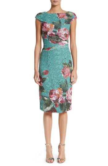 Women's Monique Lhuillier Rose Print Guipure Sheath Dress