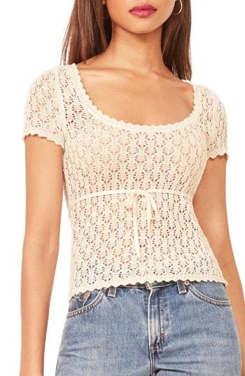 Women's Reformation Polka Crochet Linen Top - White