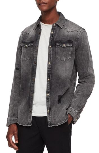 Men's Allsaints Glockeley Slim Fit Western Denim Shirt, Size - Blue