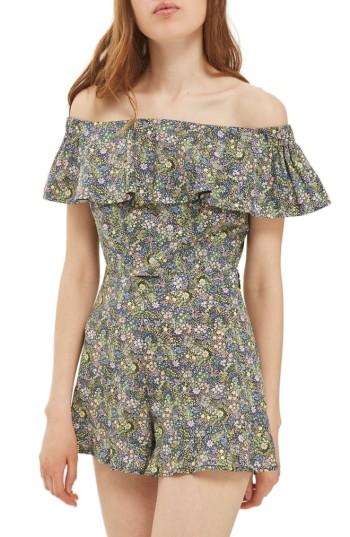 Women's Topshop Limited Edition Liberty Floral Off The Shoulder Top Us (fits Like 2-4) - Green