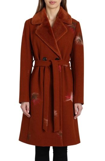 Women's Badgley Mischka Felted Embroidery Wool Blend Coat - Orange