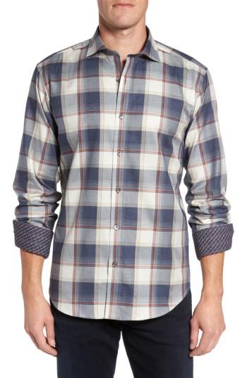 Men's Bugatchi Shaped Fit Plaid Sport Shirt - Grey