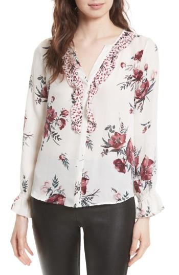 Women's Joie Jayann B Ruffle Front Floral Silk Blouse - White