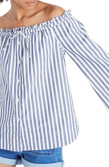 Women's Madewell Shimmer Stripe Off The Shoulder Top, Size - Blue