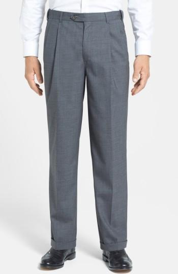 Men's Berle Self Sizer Waist Pleated Wool Gabardine Trousers X Unhemmed - Grey