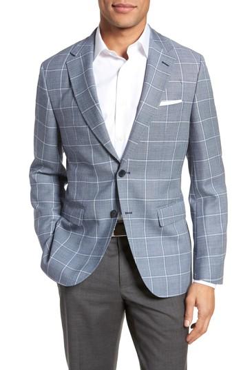 Men's Boss Jewels Trim Fit Windowpane Wool Sport Coat R - Blue/green