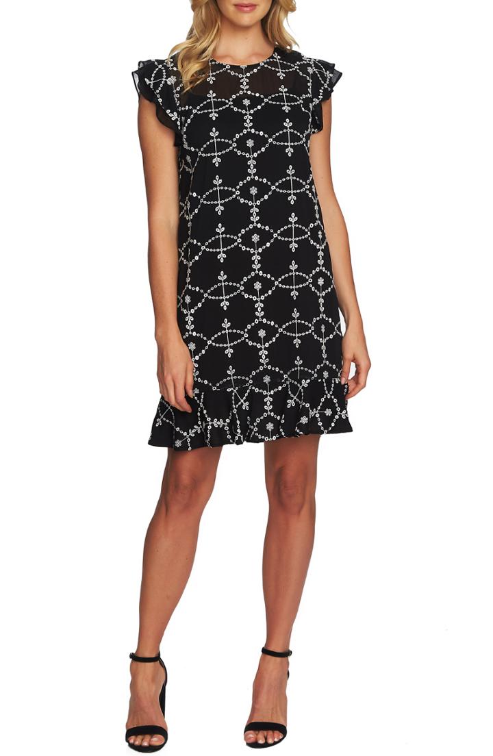 Women's Cece Flutter Detail Embroidered Shift Dress - Black