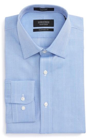 Men's Nordstrom Men's Shop Traditional Fit Herringbone Dress Shirt .5 34/35 - Blue