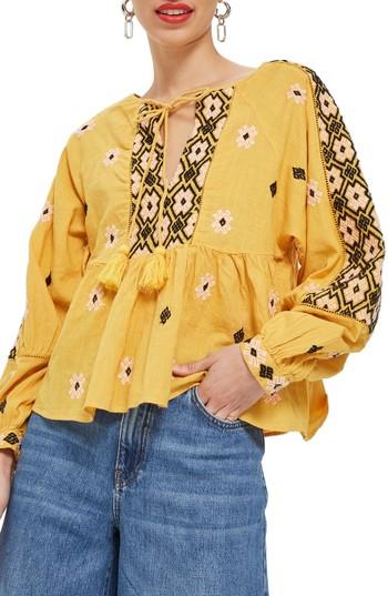Women's Topshop Embroidered Ruffle Hem Top Us (fits Like 0) - Yellow