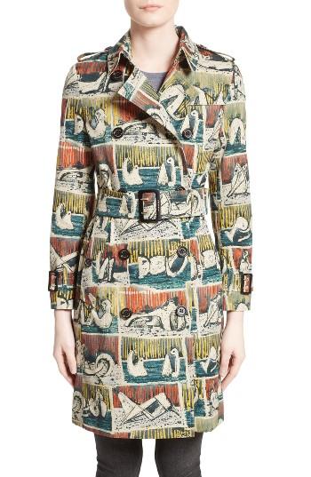 Women's Burberry Kensington Reclining Figures Print Cotton Trench Coat