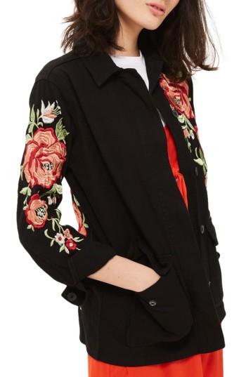 Women's Topshop Black Rose Embroidered Shirt Jacket Us (fits Like 0) - Black