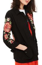 Women's Topshop Black Rose Embroidered Shirt Jacket Us (fits Like 0) - Black