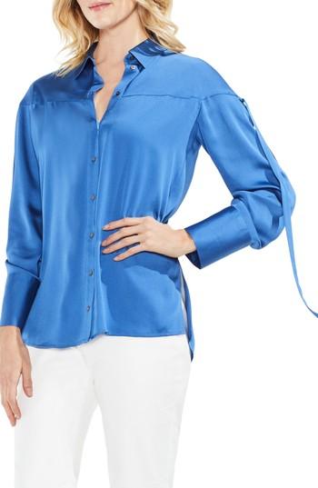 Women's Vince Camuto Drawstring Sleeve Hammer Satin Blouse, Size - Blue