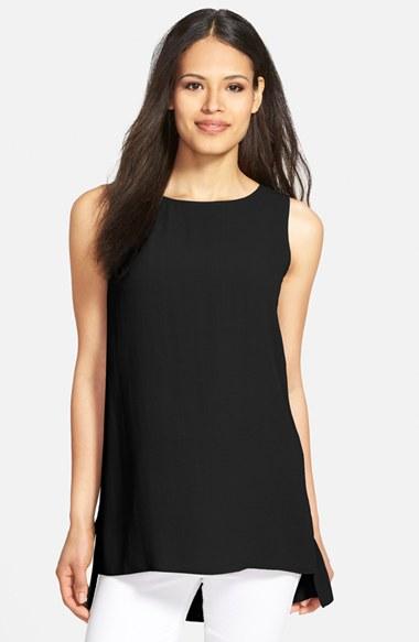Women's Eileen Fisher Long Bateau Neck Silk Shell - Black