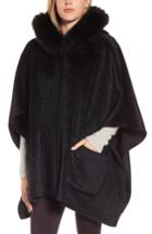 Women's Blue Duck Hooded Genuine Fox Fur Trim Wool Blend Cape, Size - Black
