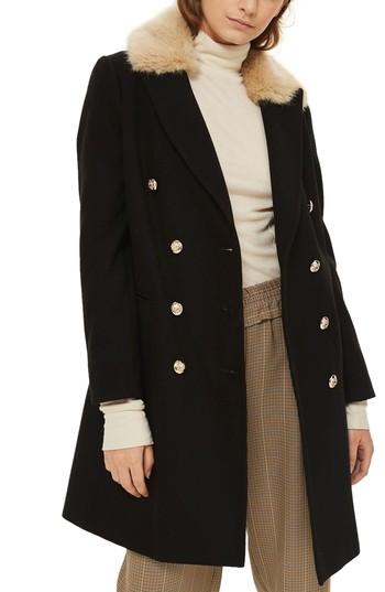Women's Topshop Nina Faux Fur Collar Double Breasted Coat Us (fits Like 0-2) - Black