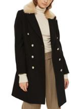 Women's Topshop Nina Faux Fur Collar Double Breasted Coat Us (fits Like 0-2) - Black