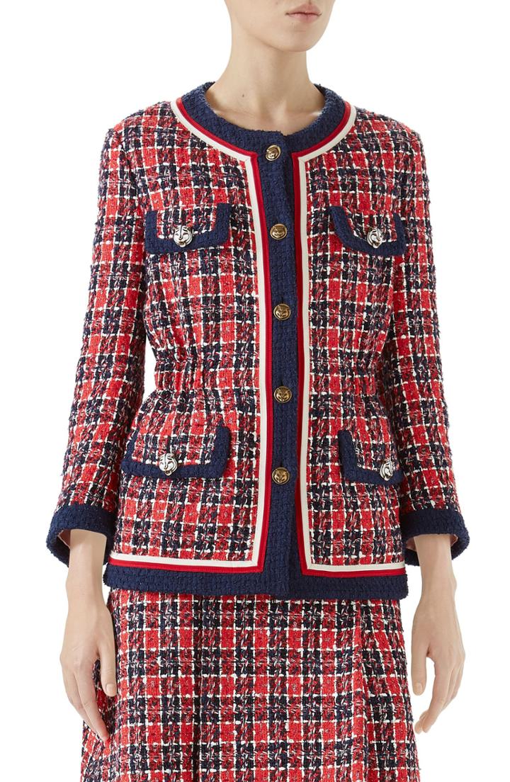 Women's Gucci Cinch Waist Tweed Jacket Us / 46 It - Red