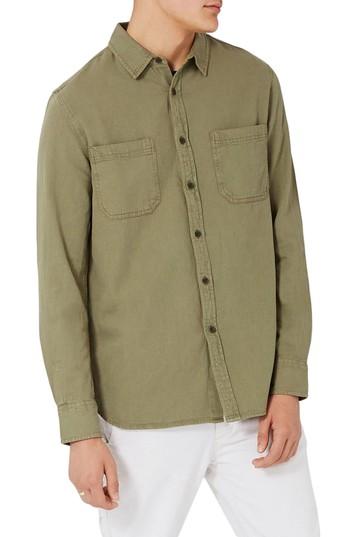 Men's Topman Trim Fit Washed Twill Shirt - Green