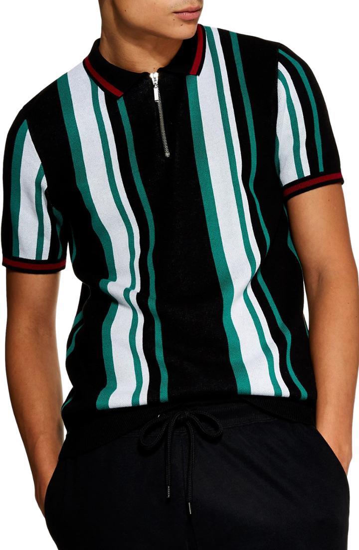 Men's Topman Stripe Zip Polo - Black