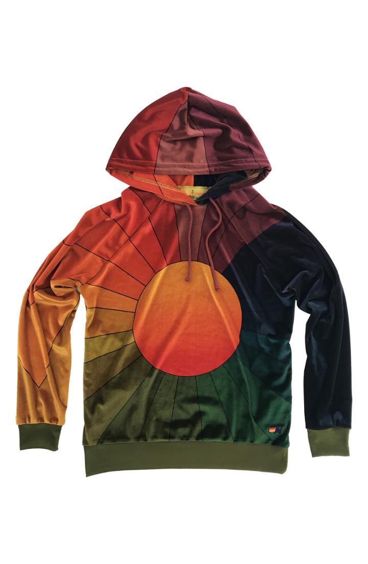 Women's Aviator Nation Rainbow Sunburst Velour Hoodie - Red