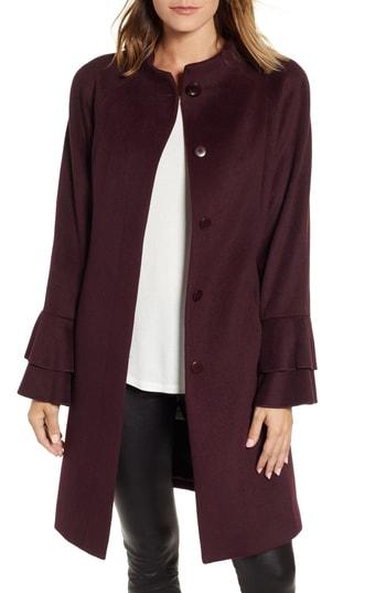 Women's Trina Turk Sara Ruffle Cuff Wool Blend Coat - Burgundy