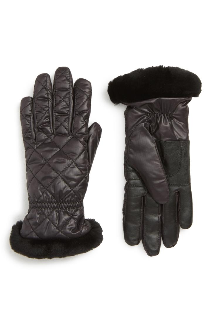 Women's Ugg All Weather Touchscreen Compatible Quilted Gloves With Genuine Shearling Trim - Black