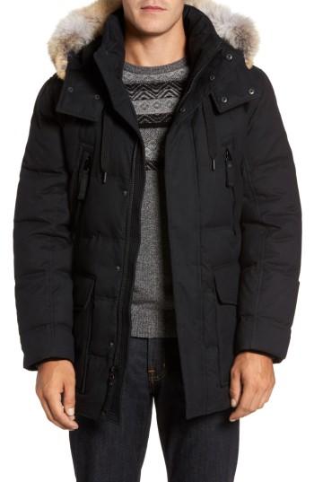 Men's Andrew Marc Tech Herringbone Down Parka With Genuine Coyote Fur Trim - Black