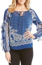 Women's Karen Kane Ruffle Sleeve Scarf Print Blouse - Blue
