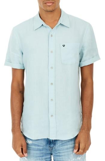 Men's True Religion Brand Jeans Roll Cuff Linen Shirt - Blue