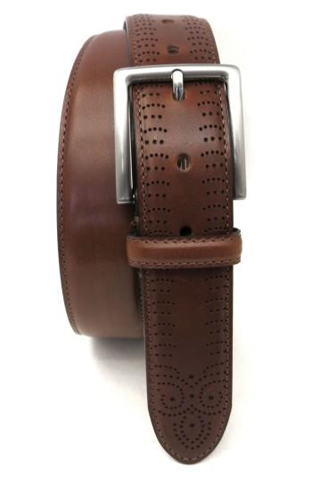 Men's Boconi Perforated Tab Leather Belt - Cognac