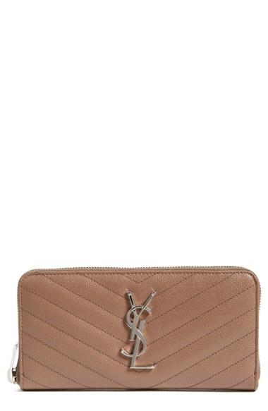 Women's Saint Laurent 'monogram' Zip Around Quilted Calfskin Leather Wallet - Pink