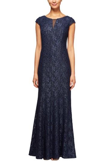 Women's Alex Evenings Metallic Lace A-line Gown - Blue