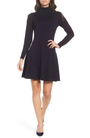Women's Eliza J Lace Shoulder Turtleneck Sweater Dress - Blue