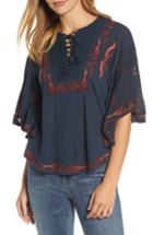 Women's Lucky Brand Embroidered Lace Up Peasant Top - Blue