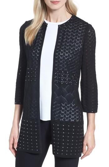 Women's Ming Wang Studded Pointelle Sweater Jacket - Black