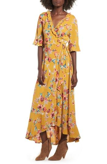 Women's Band Of Gypsies Hudson Floral Print Maxi Wrap Dress - Yellow