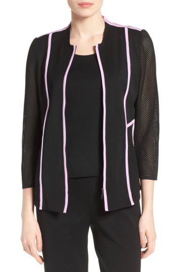 Women's Ming Wang Piped Mesh Knit Zip Front Jacket - Black