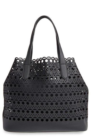 Street Level Perforated Faux Leather Tote With Pouch -